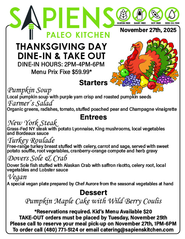 Thanksgiving Day Dinner Paleo Keto Organic Gluten Free Scottsdale